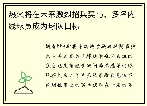 热火将在未来激烈招兵买马，多名内线球员成为球队目标