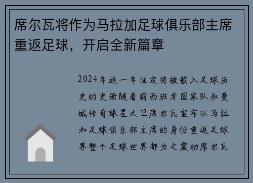 席尔瓦将作为马拉加足球俱乐部主席重返足球，开启全新篇章